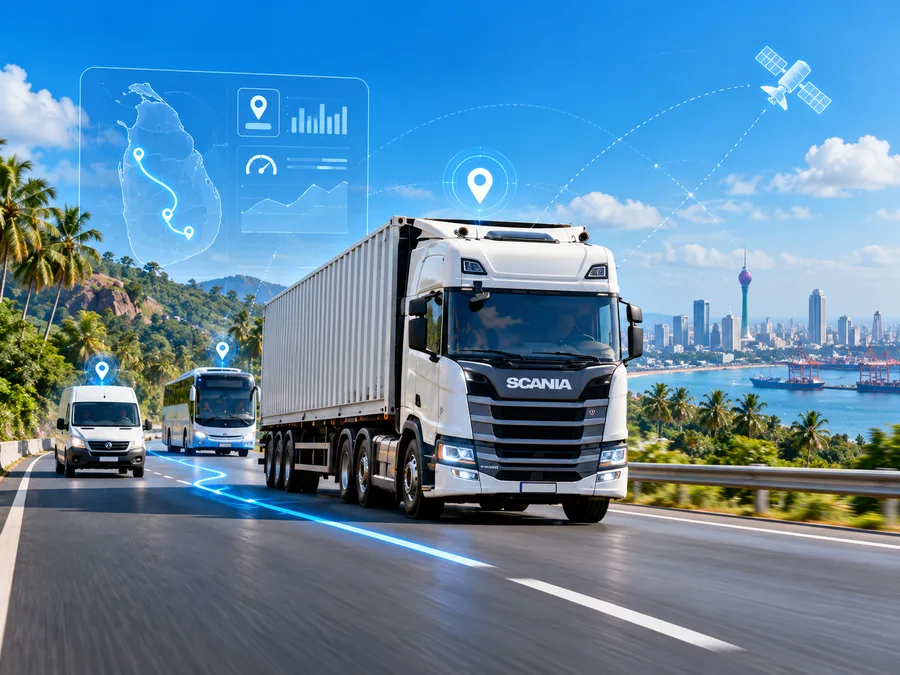 Fleet management illustration showing a truck, bus, and van fleet on a Sri Lankan highway with live GPS location pins, route mapping, and satellite connectivity