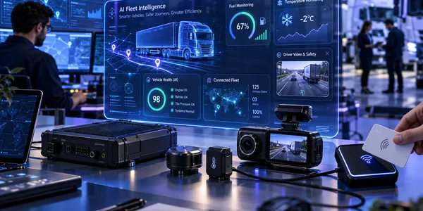 AI fleet intelligence dashboard with fuel monitoring, temperature monitoring, video safety, and connected sensor hardware